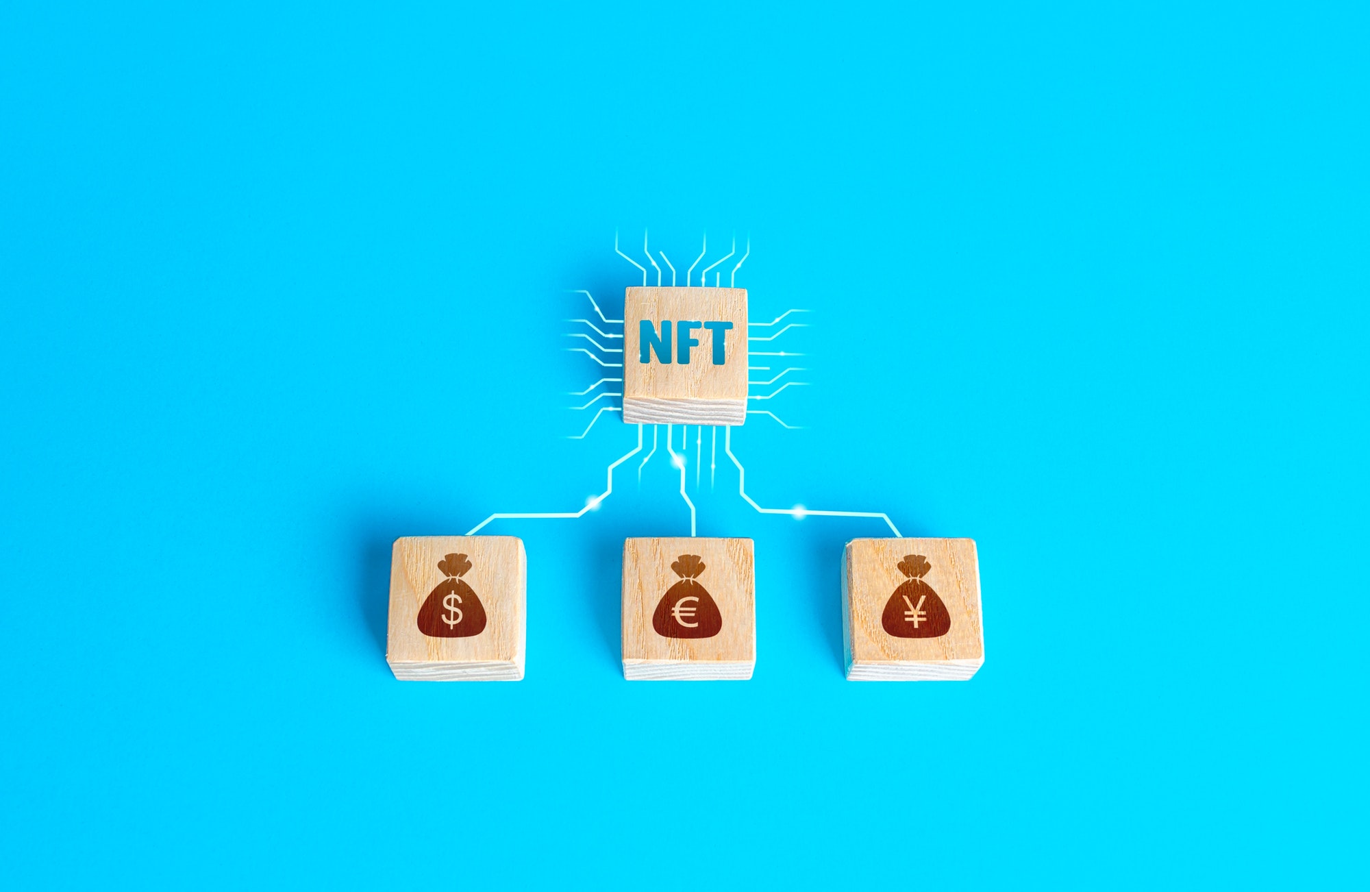 Blocks NFT non-fungible token and money connected by lines. Selling digital assets and art